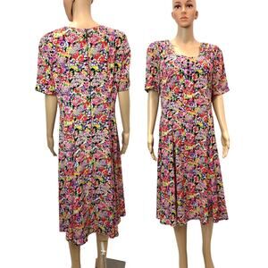 90s Liz Claiborne Floral Rayon Midi Dress | Bohemian Boho | 14 Petite M/L